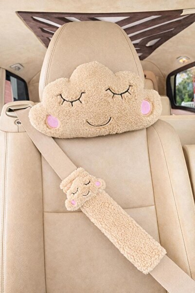 Masalia Cute Plush Cloud Patterned Car Neck Pillow and Seat Belt Set (1 Pillo...