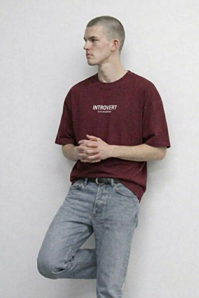 MATERIAL Ανδρικό μπλουζάκι INTROVERT με στάμπα, υπερμεγέθη, μπορντό