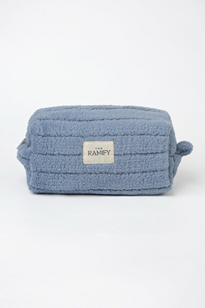 the ramify Striped Plush Fur Large Size Quilted Makeup Bag Blue