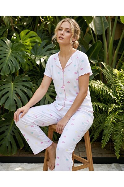 Siyah İnci White Color Heart Patterned Bowknot Ribbed Camisole Knitted Pajama...