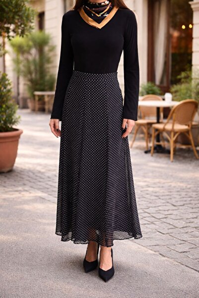 Lunea Womens Kadın Siyah Puantiyeli Şifon Astarlı Uzun Etek