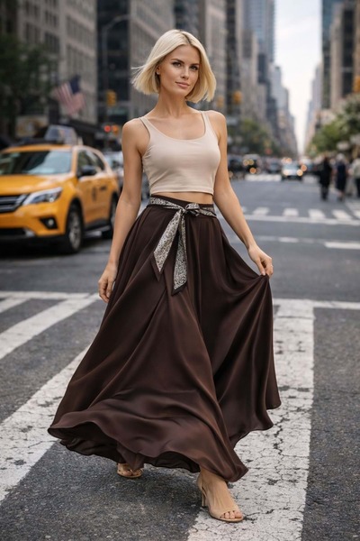 İbeking Φούστα μάξι σε καφέ μόκα με λεπτομέρεια φουλάρι, υψηλής ποιότητας και...