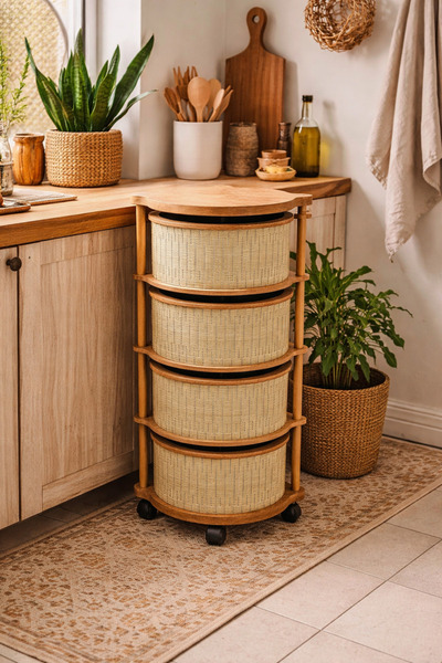 sonnenflügel 4 Katlı Tekerlekli Çok Amaçlı Ahşap Sebzelik Sepeti Oval Bej