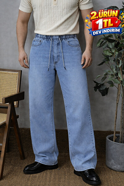 DAMGA JEANS Ανδρικό μπλε φαρδύ τζιν παντελόνι με ελαστική μέση