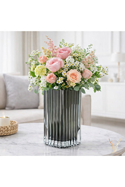 Ada Crafts Line Füme/Gri Cam Dekoratif Vazo – Modern Füme Çizgili Çiçek Vazos...