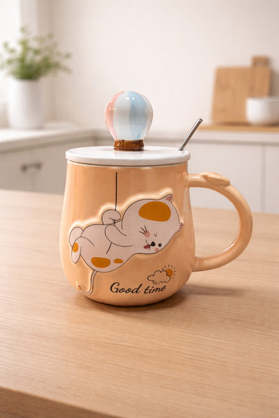 Two Two Colorful Flying Balloon Ceramic Mug with Lid and Spoon – Cute Cat Pat...