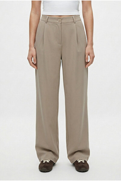 Ritnice Women's Cedric Polyviscon Buttoned Beige Woven Trousers with Elastic ...