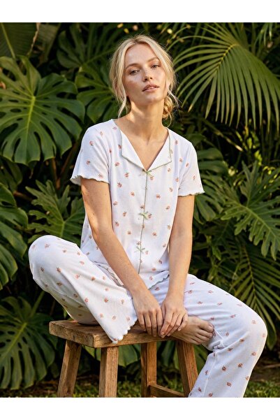 Siyah İnci White Peach Patterned Bowknot Ribbed Camisole Knitted Pajama Set 2...