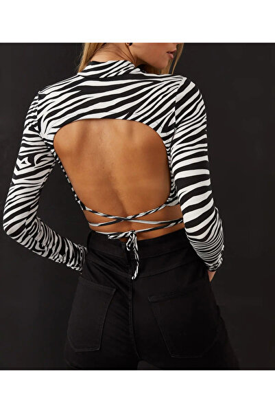 NEW JOURNAL Women's Ecru-Black Backless Zebra Patterned Crop Blouse App1131