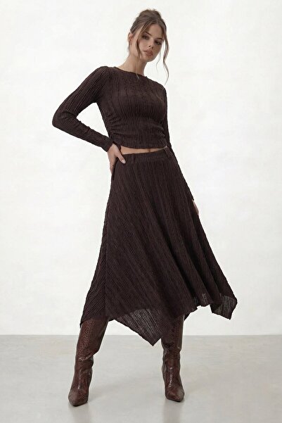 VAGGON High Neck Long Sleeve Crop Blouse and Asymmetrical Midi Skirt Set