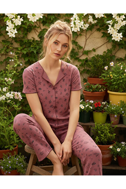 Siyah İnci Dried Rose Patterned Bowknot Ribbed Camisole Knitted Pajama Set 26...