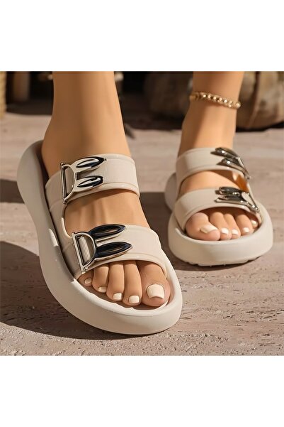 FASHION صندل نسائي مريح بحزام مزدوج وإبزيم