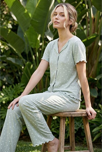 Siyah İnci Mint Puan Patterned Bowknot Ribbed Camisole Knitted Pajama Set 261...