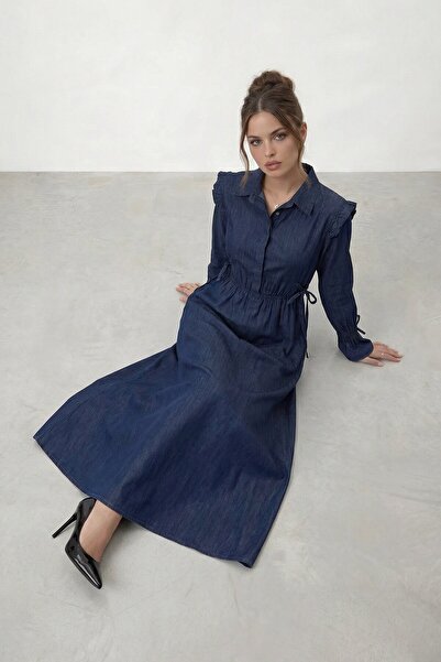 VAGGON Long Sleeve Midi Dress with Gathered Waist Tie Detail
