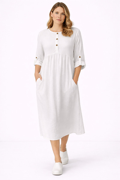 Şans فستان نسائي مقاس كبير باللون الأبيض، بأزرار، وأكمام قابلة للتعديل، وياقة...