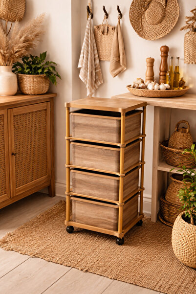 sonnenflügel 4 Katlı Tekerlekli Çok Amaçlı Ahşap Sebzelik Sepeti Kare Kemençe