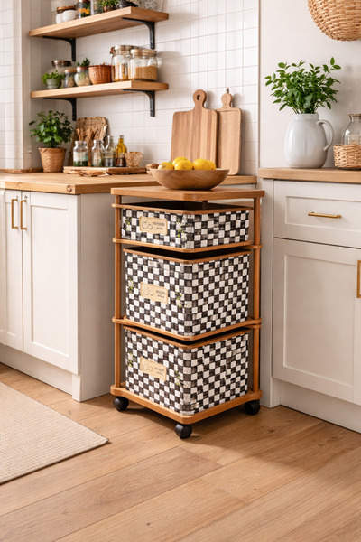 sonnenflügel 3 Katlı Tekerlekli Çok Amaçlı Ahşap Patates Soğan Sepeti Dama De...