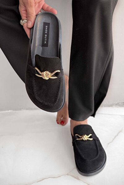 Shoebutik Estela Black Suede Buckle Detail Barrel Toe Women's Slippers