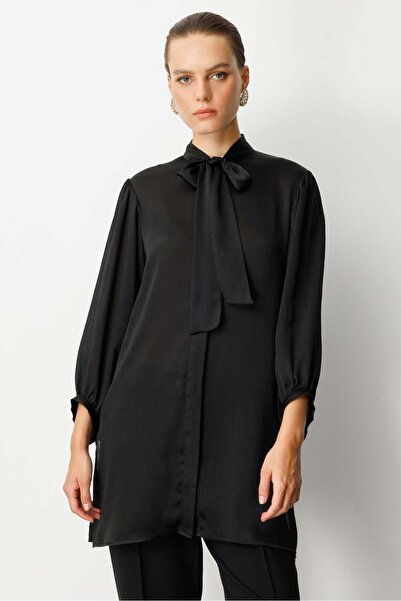 accort Kendinden Desenli Saten Tunik Gömlek-SİYAH