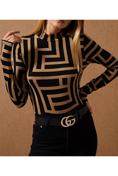 NEW JOURNAL Bluză de damă cu imprimeu pește pe jumătate, camel-negru APP1147