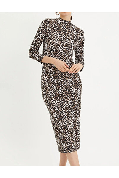 NEW JOURNAL Γυναικείο πέτρινο-μαύρο φόρεμα μάξι με μισό σχέδιο λεοπάρ ψαράδικ...