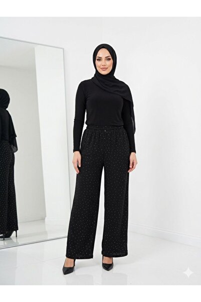 wishne Sparkling Stone Embellished Wide Leg Pants - High Waist Stretch Fabric...