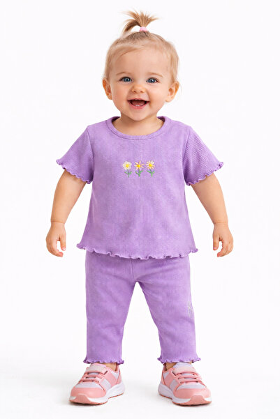 Chicsy Baby Kız Bebek Esnek Fırfırlı Tarz Çiçek Nakışlı Fitilli 2’li Takım