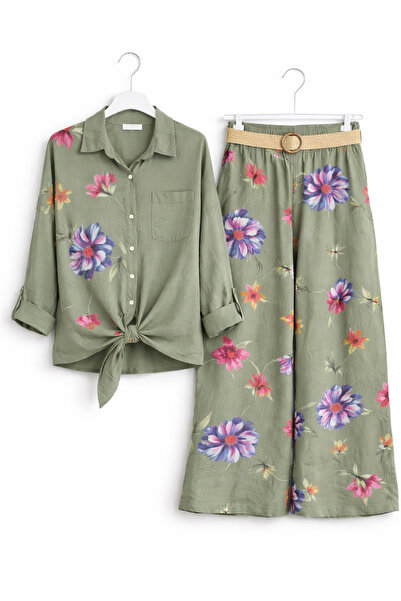 günay boutıque Khaki Floral Patterned Linen Set