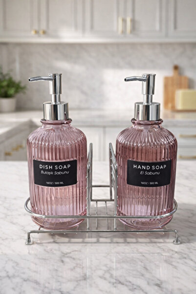 MAKRİ HOME Dozator de săpun/detergent din sticlă roz, 2 bucăți, 500 ml, cu su...
