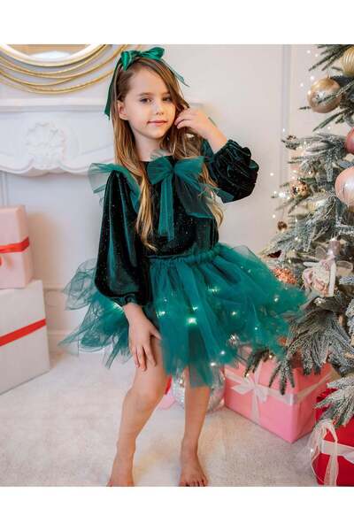 fustite cu luminite Royal Green Outfit Skirt+Blouse+Headband - 12-18 months (...