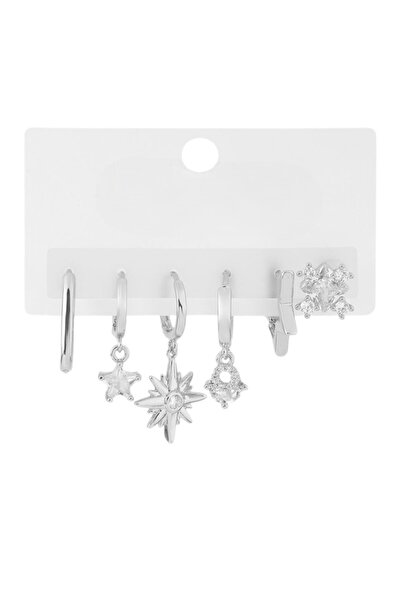 FASHİON JEWELRY 6’lı Küpe Seti Kararmaz Paslanmaz Çelik Gümüş Renk Halka Yıld...
