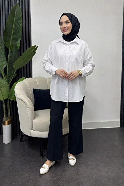 Tesettür Diyarı Women's Oversize Pocket Shirt-White