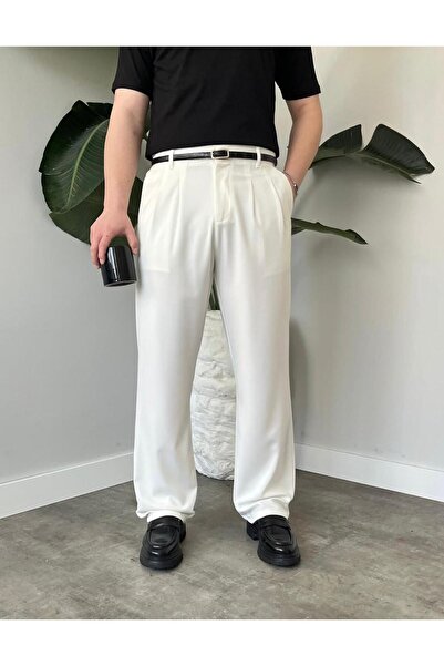 Ser Joven Men's White Baggy Fit Relaxed Fit Pleated Fabric Trousers