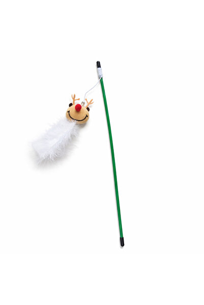 MPET Interactive Reindeer Cat Teaser Wand - 40cm - with White Feathers and Sq...