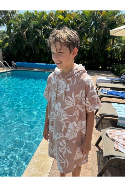 MEYHOME Beach Towel Children's Poncho with Hood (Beige Leaf Pattern)
