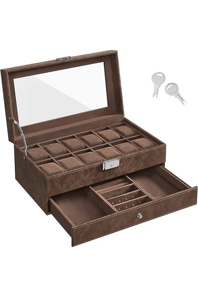 SONGMICS Jewelry Box, MDF/PU Leather/Glass, Brown, 32.5 x 18.5 x 13.5 cm