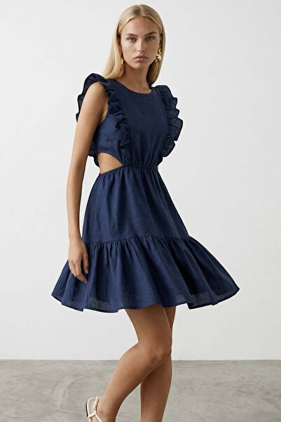 Trend Alaçatı Stili Lacivert Kayık Yaka Beli Dekolteli Yanları Volanlı Keten ...