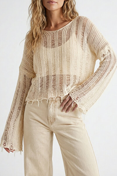 Abruzzo Openwork Tasseled V-Neck Cotton Knitwear Blouse Perforated Knit