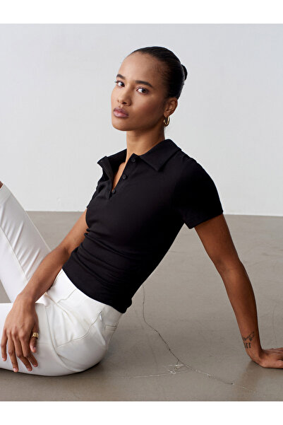 Dilvin 32614 Polo Collar Top-Black