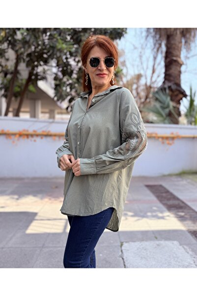 DenizEge Ιταλικό πουκάμισο με κεντημένα μανίκια ρεγκλάν χακί