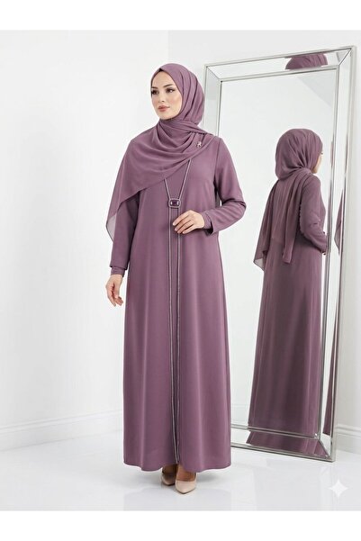 wishne Women's Black Crystal Stone Striped Crepe Hijab Evening Dress - Specia...