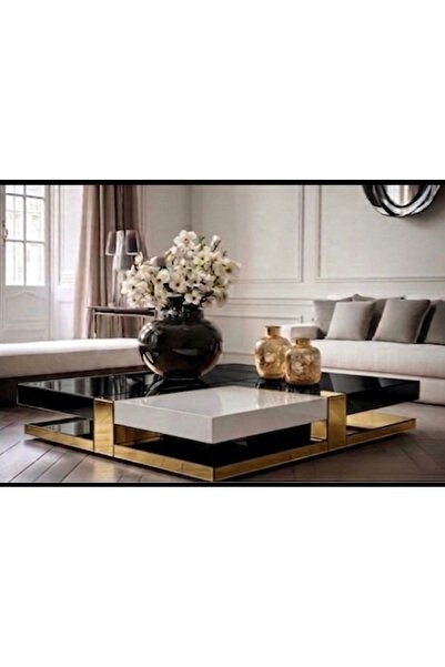 LUXURY VİLLA LUXURY GOLD AYNALI SİYAH VE BEYAZ CAMLI TEKERLEKLİ DEKORATİF ORT...