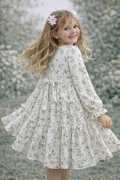 DUBAİ ÇOCUK Girl's Floral Patterned Dress with Collar and Buttons - Stylish C...