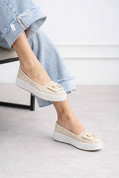 STOCON Women's Beige Tweed Fabric Butterfly Detailed Casual Shoes Thermo Soft...