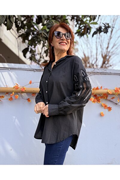 DenizEge Italian Raglan Sleeve Embroidered Shirt Black