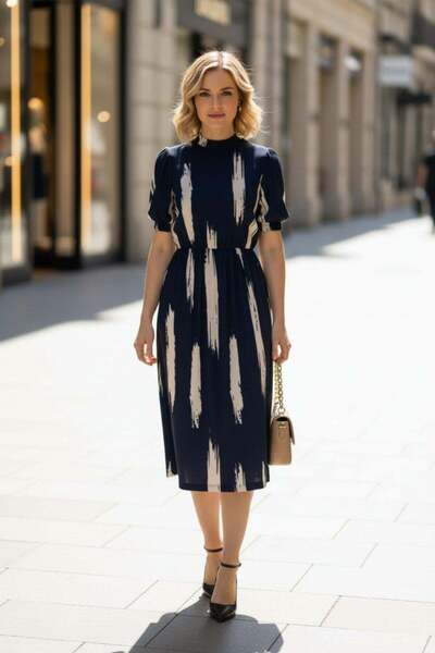 Mossta Rochie midi cu mânecă scurtă și guler semi-înalt - Bleumarin