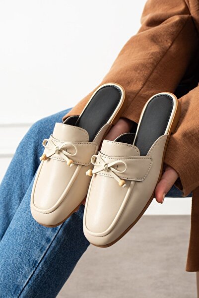 STOCON Piera Beige Leather Bowknot Wooden Bead Detailed Closed-Front Slippers...