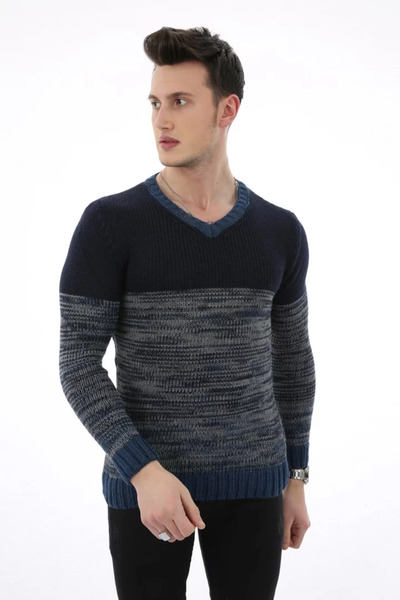 MORADO SE SIENTE PERFECTO Patterned Two Color V-Neck Men's Casual Knitwear Sw...
