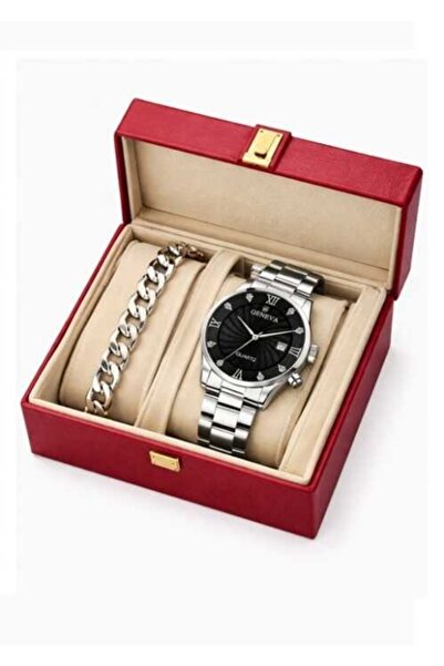 Geneva Platinum Set Cadou Bărbați Ceas Argintiu + Brățară Cuban – Accesorii E...