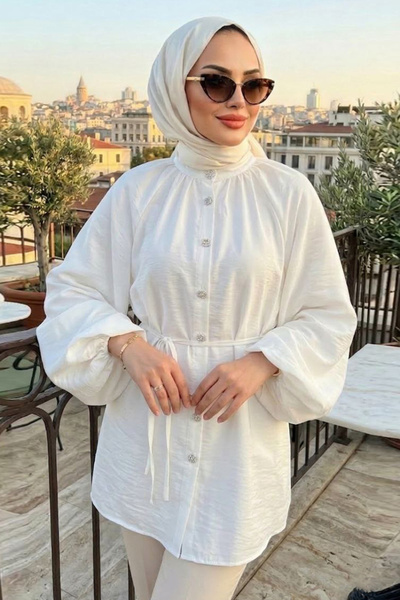 N.S NEVA STYLE Belted White Hijab Tunic 52871B